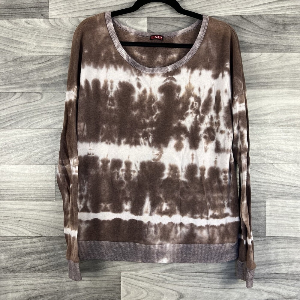 T Party Shirt Top Womens Large Brown Tie Dye Boat Neck Boho Long Sleeve Lounge